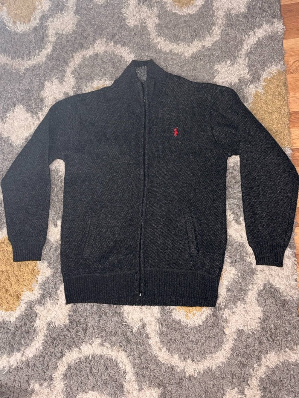 Polo by Ralph Lauren Charcoal Full-Zip Knit Sweater with Red Pony